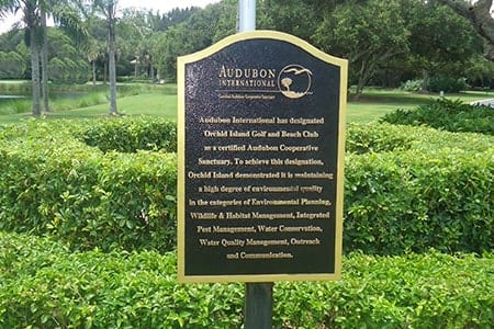 Orchid Island Audubon Certified Audubon International plaque awarded to Orchid Island, signifying the club's environmental stewardship and Audubon certification.